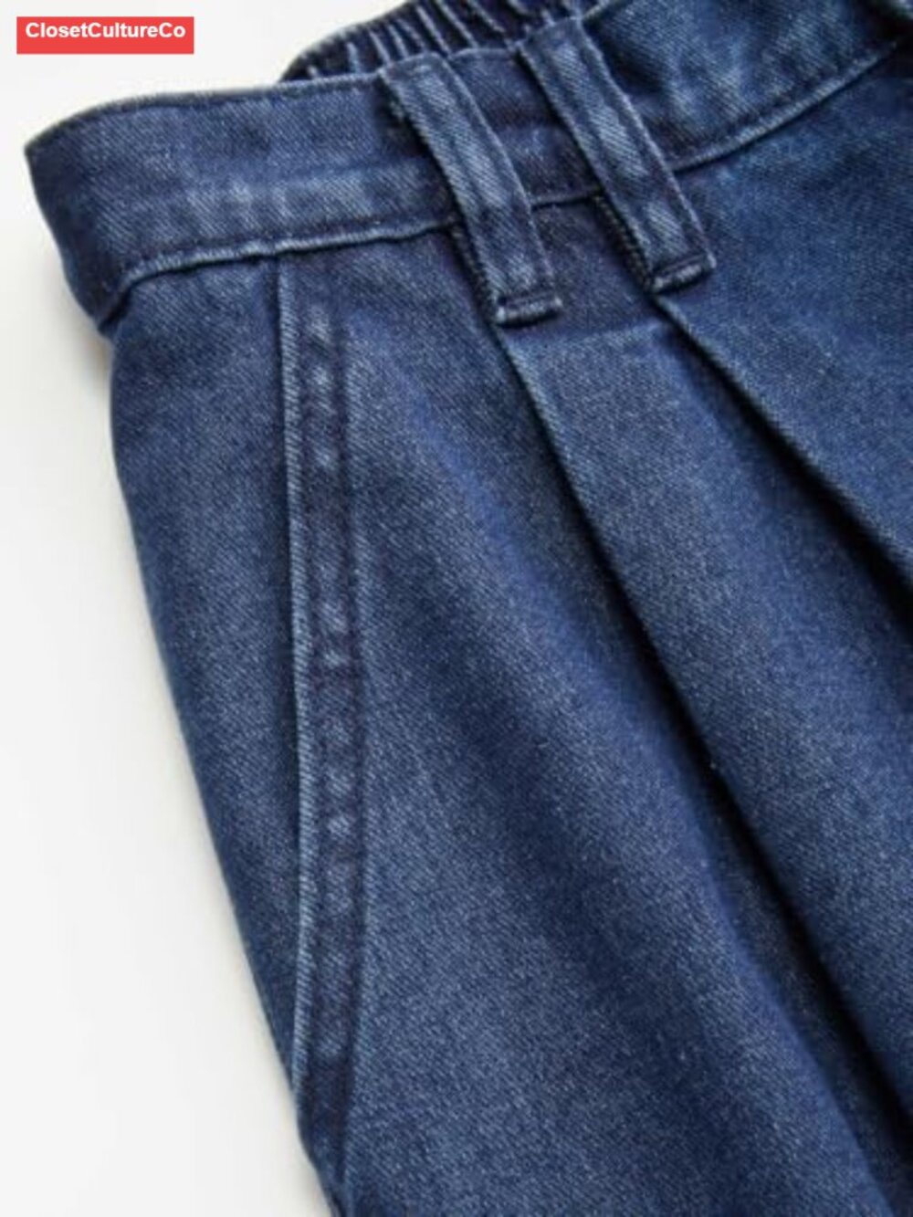 Mid Rise Wide Leg Jeans Pleated Front Denim Pants Pull On Elastic Waist - Picture 2 of 4